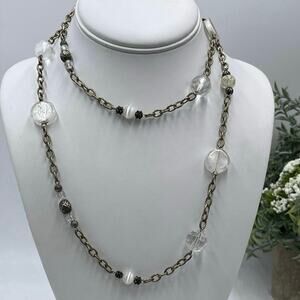 Vintage White‎ Cats Eye Flat Coin Faceted Glass Antique Silver Long Necklace